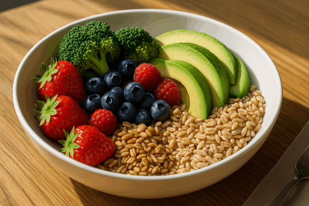 Mesa con alimentos saludables (aguacate, salmón, pollo, frutos secos, verduras y frutas bajas en carbohidratos) junto a una libreta de seguimiento y una botella de agua. Imagen motivacional sobre estilo de vida saludable.