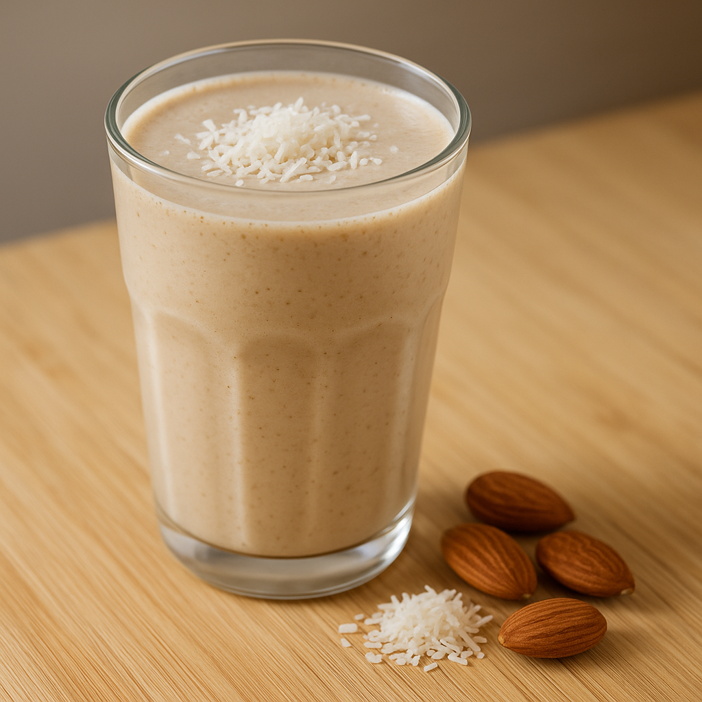 Batido keto con proteína, mantequilla de almendras y coco: cremoso, saciante y perfecto para empezar el día o recuperar energía después de entrenar.