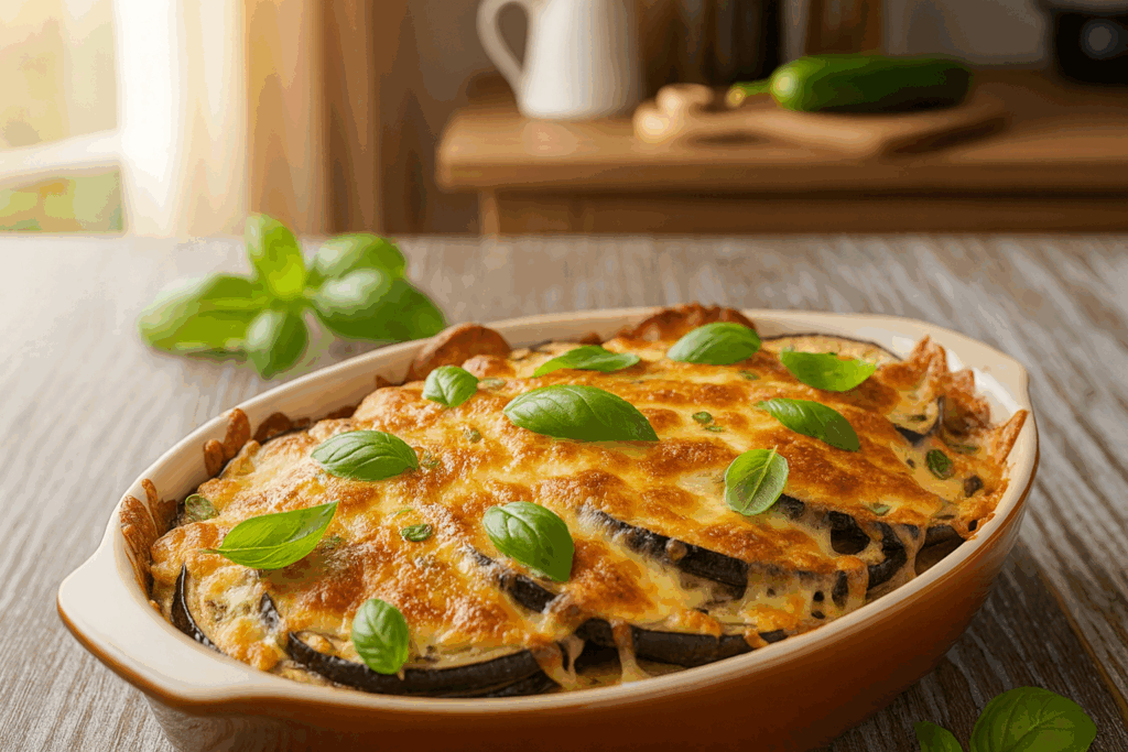 Prepara una deliciosa cazuela de berenjenas y queso, baja en carbohidratos y perfecta para la dieta keto. Un plato al horno fácil, nutritivo y lleno de sabor.