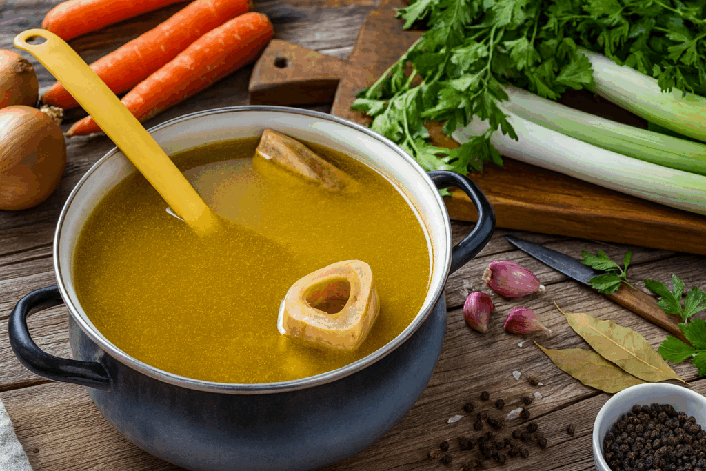 Receta keto de caldo de hueso, bajo en carbohidratos y rico en nutrientes, perfecta para la dieta cetogénica.