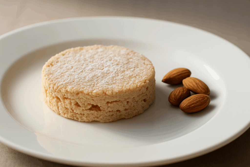Dulce keto de almendras en plato blanco con almendras enteras al lado