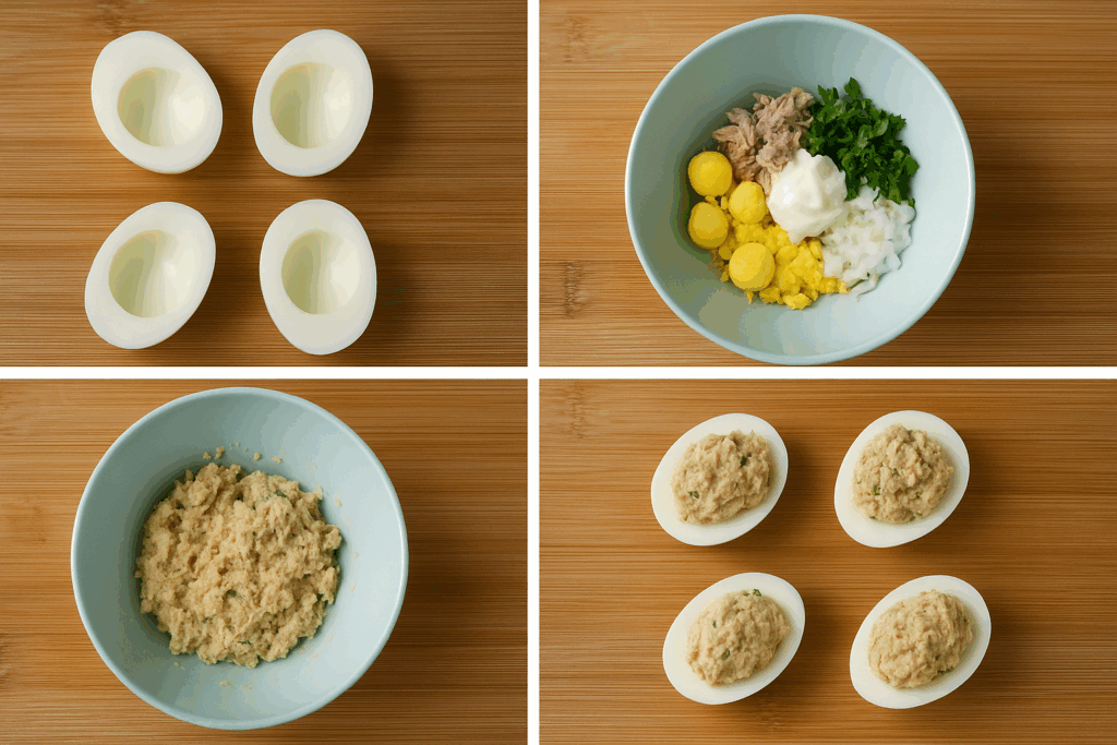 Huevos rellenos keto con atún: receta baja en carbohidratos, rica en proteínas y grasas saludables. Snack fácil, nutritivo y perfecto para la dieta cetogénica.