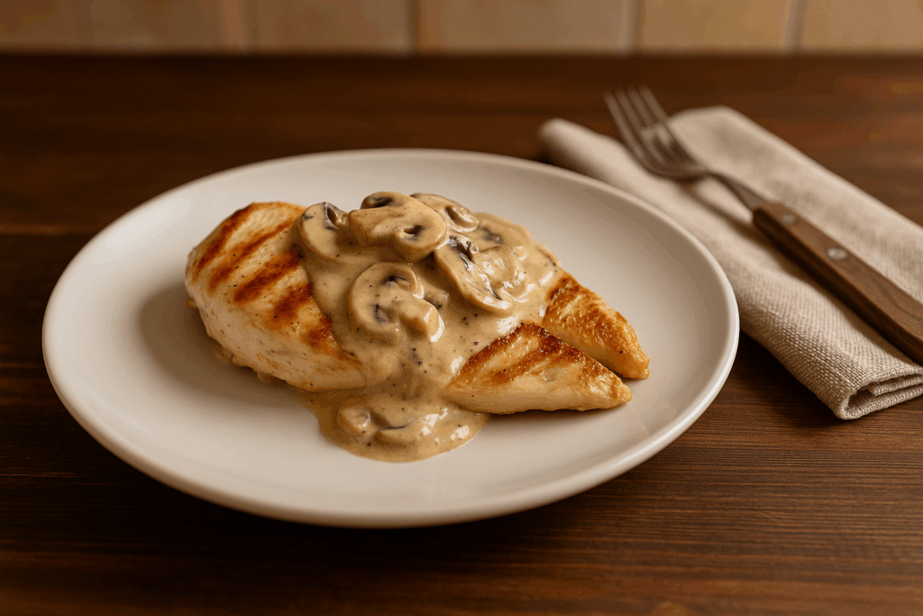 Un plato rico en proteínas, bajo en carbohidratos y con una salsa cremosa que realza el sabor del pollo. Perfecto para una comida cetogénica completa.