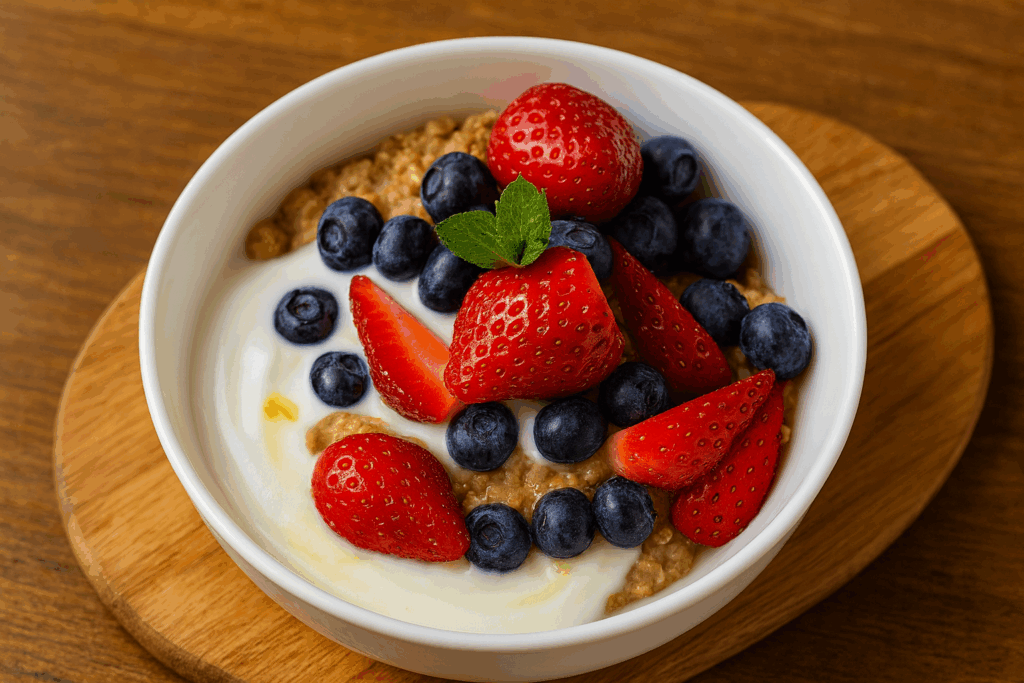 Porridge de coco keto con yogur y fruta: desayuno bajo en carbohidratos, cremoso y nutritivo, ideal para empezar el día con energía.