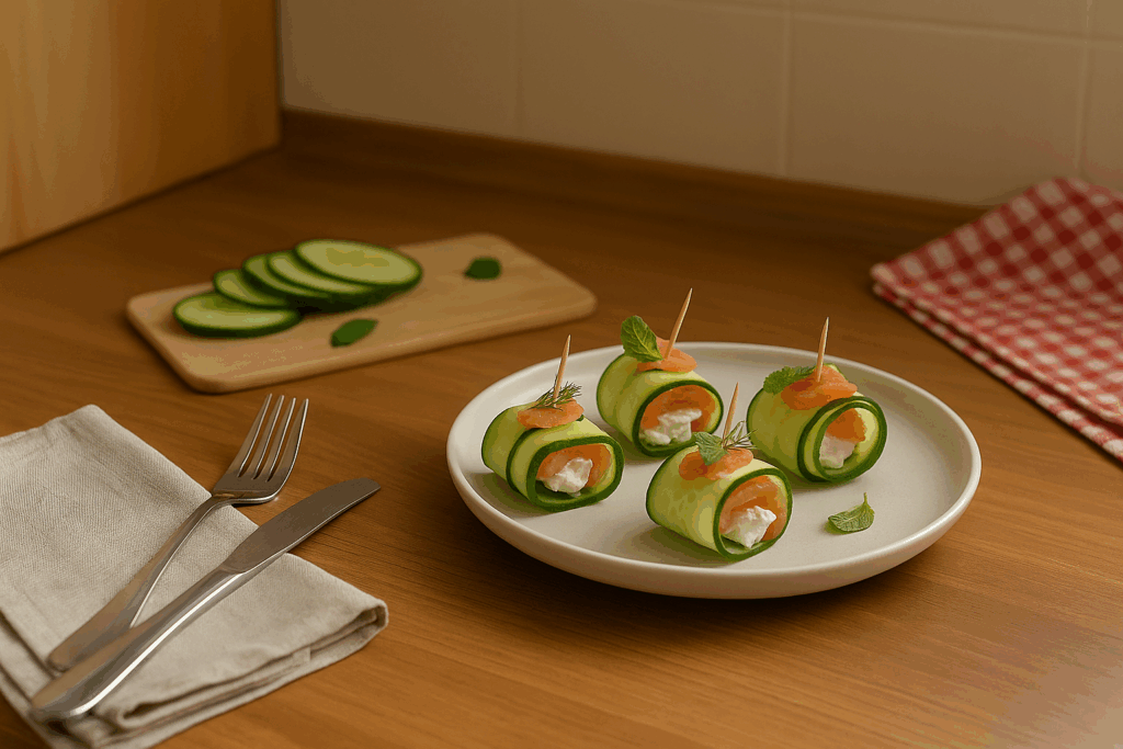 Rollitos de pepino con salmón ahumado y queso crema: snack keto fresco, ligero y nutritivo, perfecto para un aperitivo rápido y saludable.