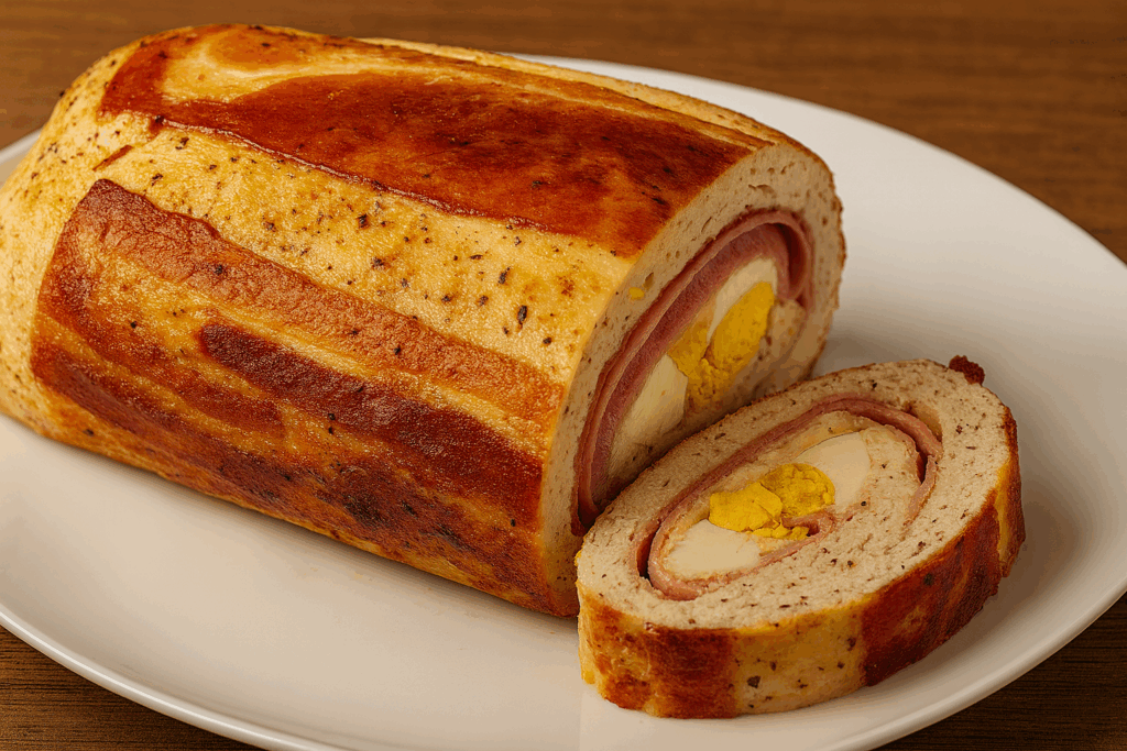 Rollo de carne de pollo keto relleno de jamón, queso y huevo duro, cocinado en freidora de aire, con corte jugoso y dorado, servido en rodajas listo para compartir.