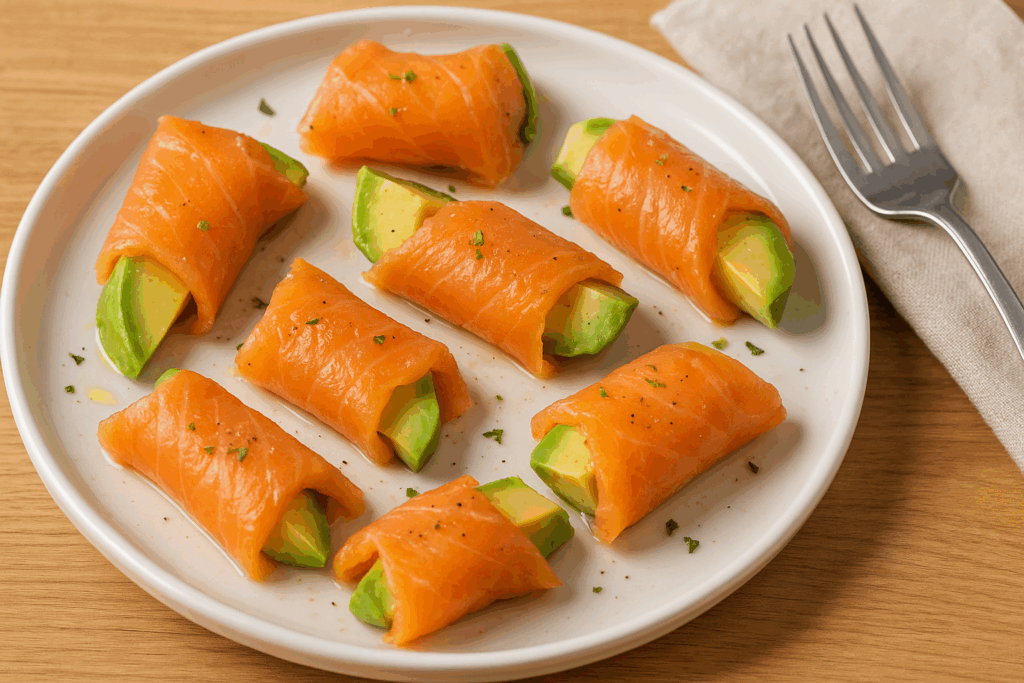 Rollitos de salmón y aguacate: aperitivo keto bajo en carbohidratos, lleno de sabor y muy fácil de preparar. Saludable, nutritivo y listo en pocos minutos.