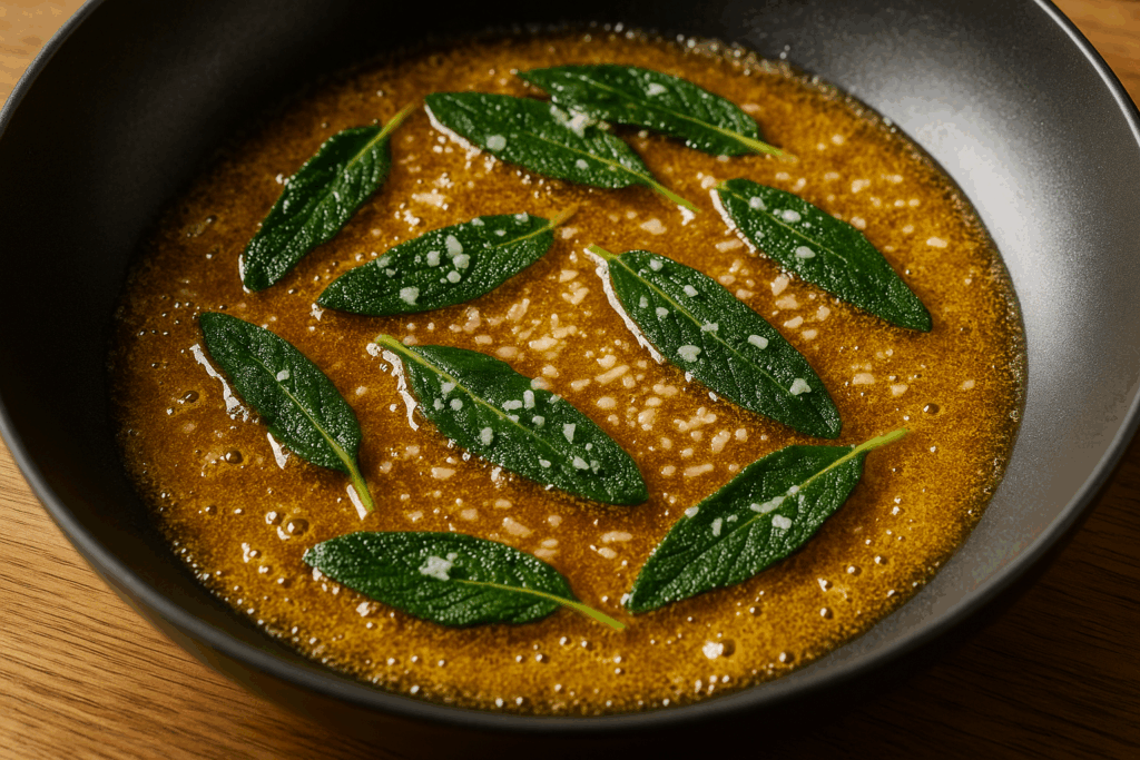 Sartén con salsa keto de mantequilla dorada y hojas de salvia crujientes, servida caliente y lista para acompañar ñoquis de ricotta.
