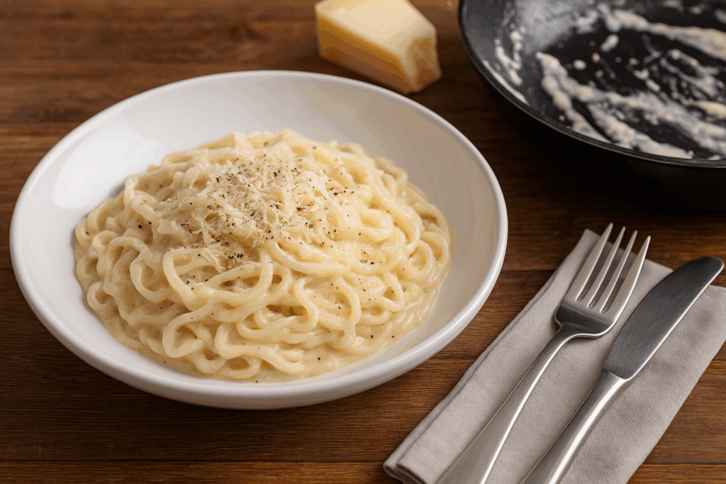 Receta keto de shirataki con salsa cremosa de queso y nuez moscada, baja en carbohidratos netos y muy saciante. Una alternativa perfecta a la pasta Alfredo.