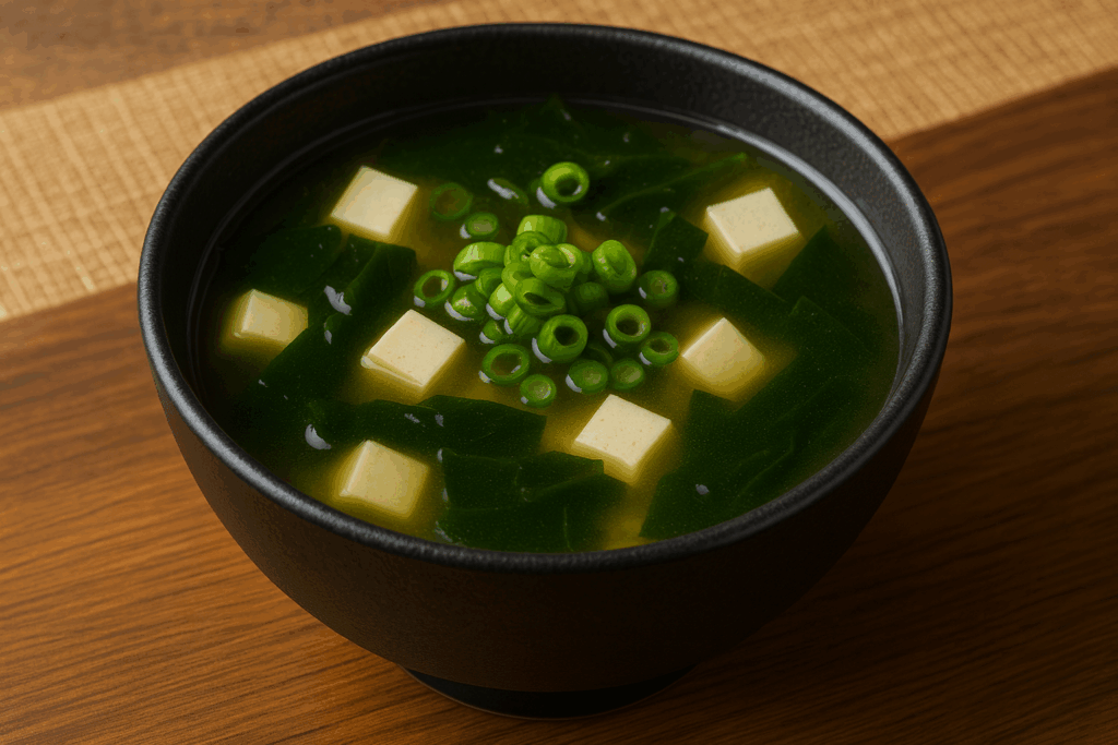 Sopa miso keto servida en un cuenco de cerámica, con tofu en cubos, algas wakame y cebolleta fresca flotando en un caldo claro