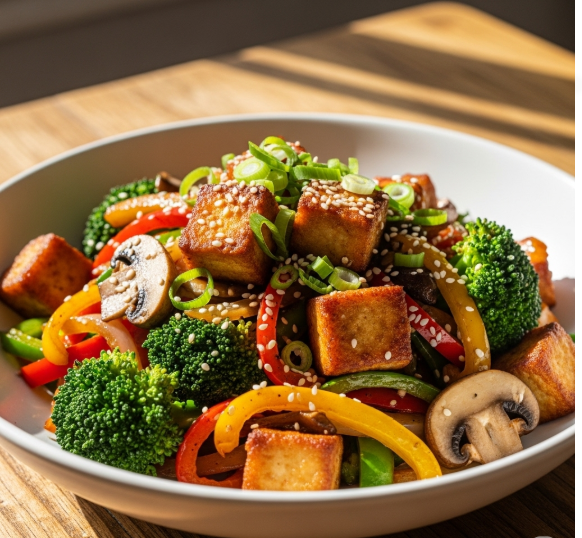 Delicioso plato keto de tofu crujiente salteado con brócoli, pimientos de colores y champiñones, decorado con semillas de sésamo y cebollín fresco. Saludable, bajo en carbohidratos y lleno de sabor.