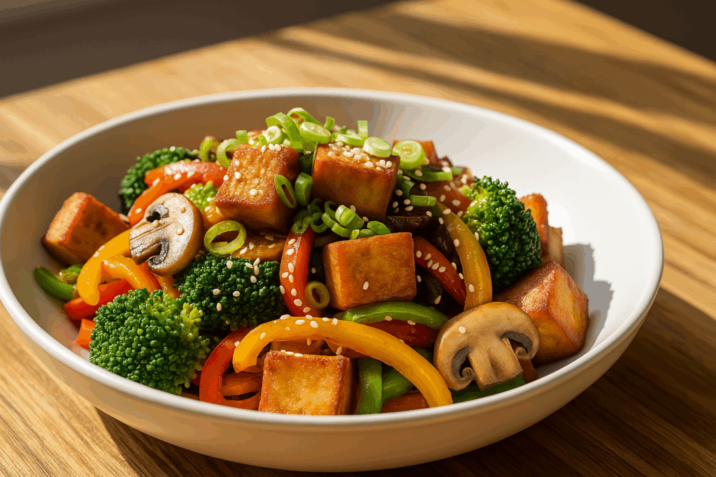 Delicioso plato keto de tofu crujiente salteado con brócoli, pimientos de colores y champiñones, decorado con semillas de sésamo y cebollín fresco. Saludable, bajo en carbohidratos y lleno de sabor.