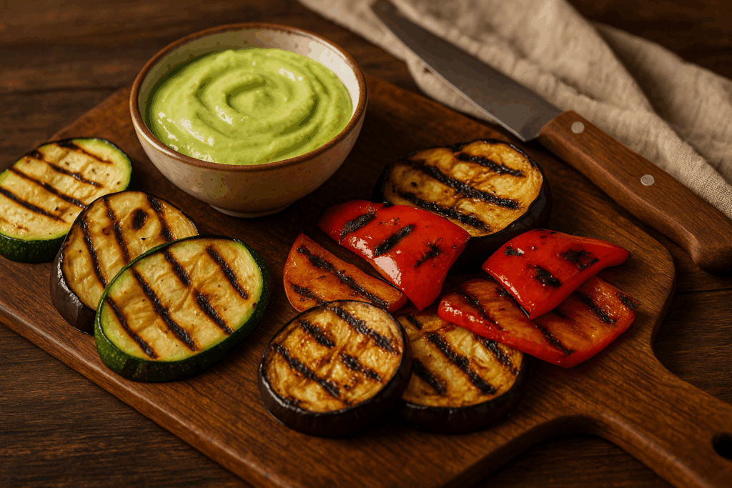 Verduras a la parrilla servidas con salsa cremosa de aguacate y lima en un bol.
