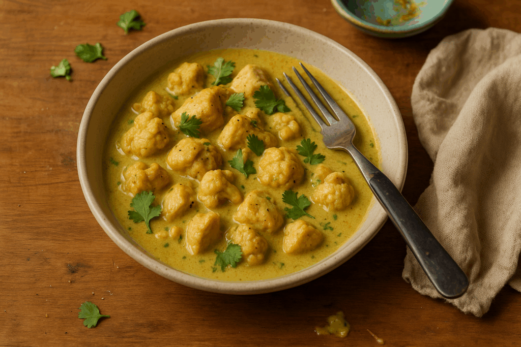 Este curry verde keto combina pollo magro, coliflor y leche de coco para crear un plato saciante, antiinflamatorio y muy fácil de preparar. Su perfil nutricional lo convierte en una opción ideal para controlar la glucosa, favorecer la saciedad y mantener energía estable durante todo el día.